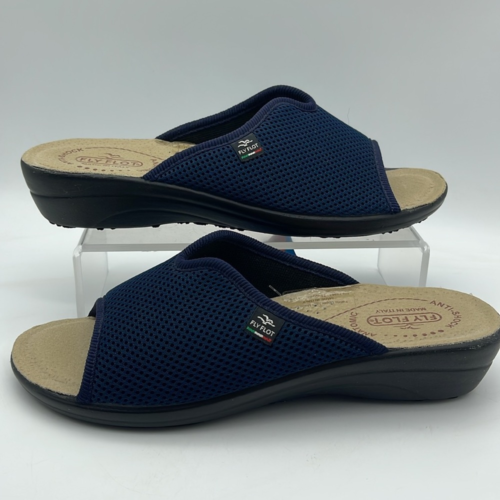 Fly Flot Mesh Slide Sandals Wedge Made in Italy Comfort Blue NWT Sz 9.5